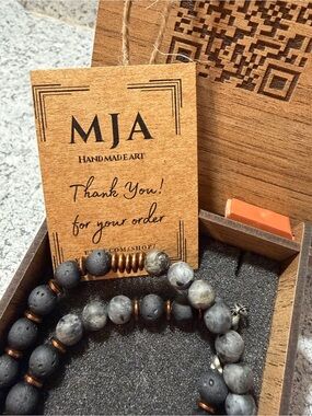 Handmade MJA Lava Rock & Labradorite Beaded Necklace. Engraved Wooden Gift Box.